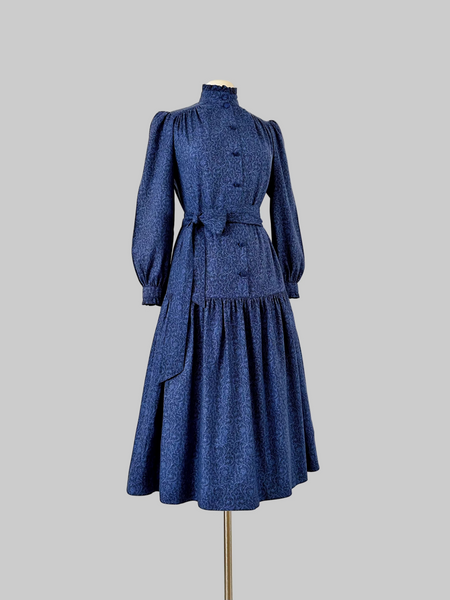 Vintage 80s Laura Ashley blue paisley cotton dress with ruffled neck and puff sleeves