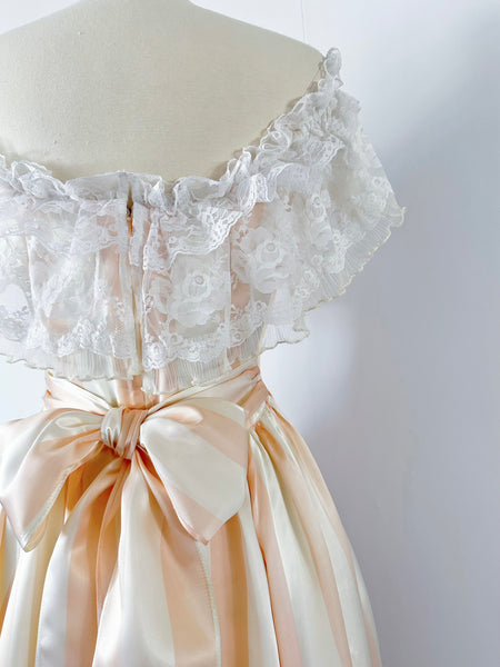 1980s Gunne Sax Off Shoulder Candy Stripe Satin Gown
