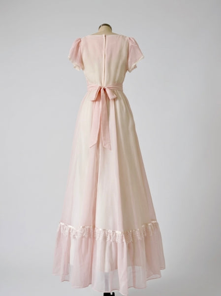 1970s Gunne Sax Blush Pink Lace-Up Maxi Dress