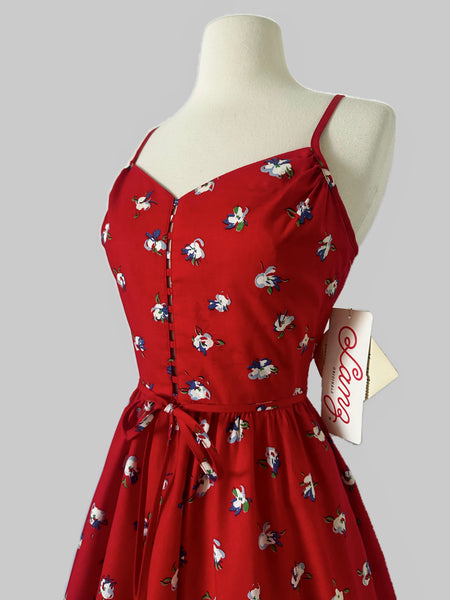 NOS 1980s Lanz Originals Red Tyrolean Floral Crisscross Back Cotton Dress