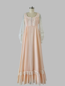 Vintage 1970s Gunne Sax Peach Prairie Maxi Dress with Lace Sleeves
