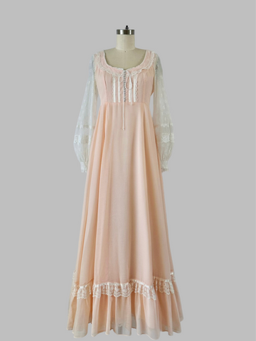 Vintage 1970s Gunne Sax Peach Prairie Maxi Dress with Lace Sleeves
