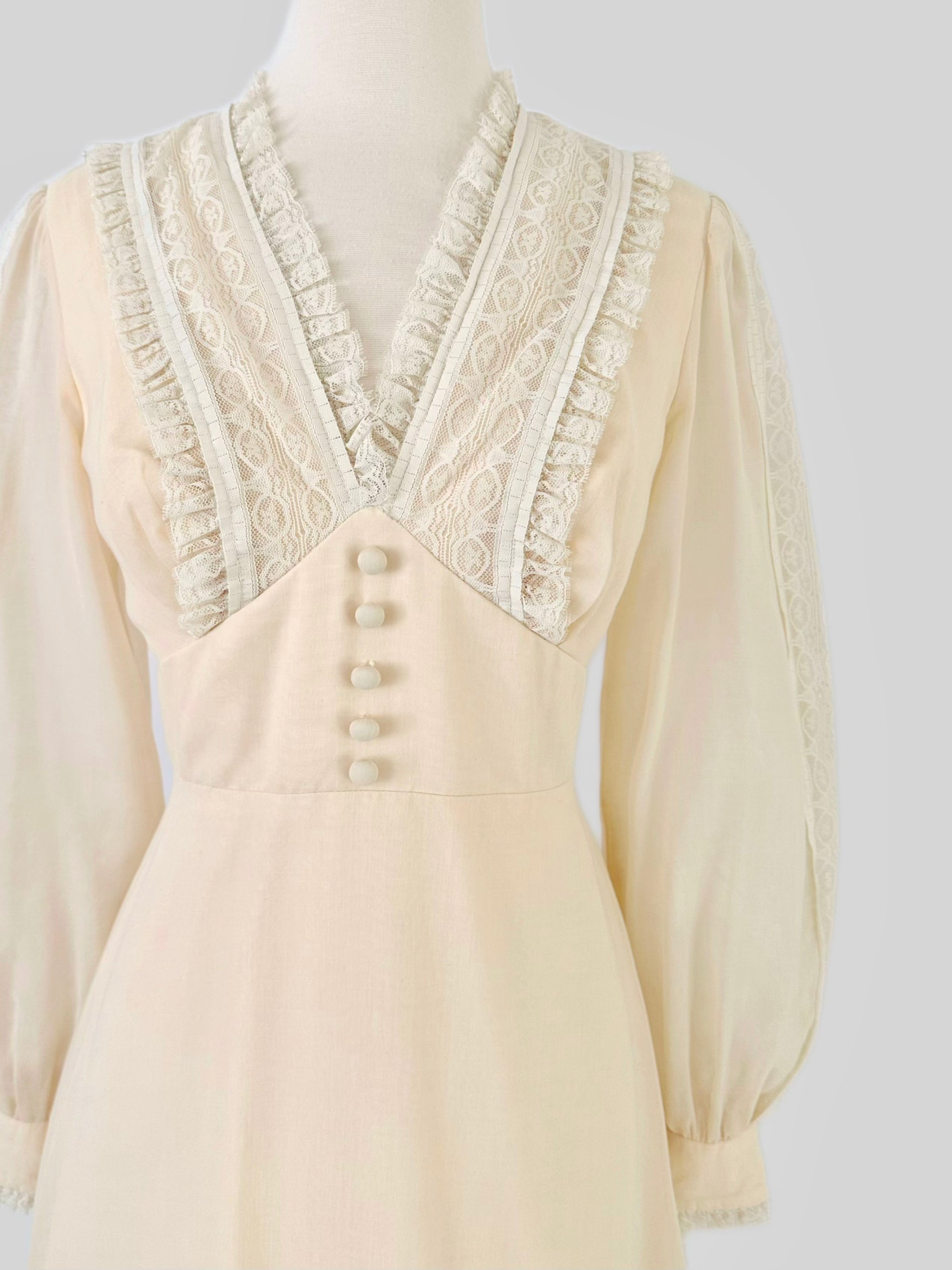 1970s Ivory Lace Trimmed Maxi Dress  Dearly Vintage