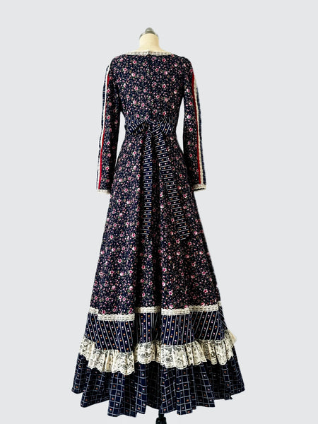 1970s Gunne Sax Lace-Up Blue Calico Maxi Dress