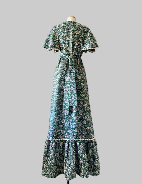 1970s Capelet Hunter Green Floral Dress
