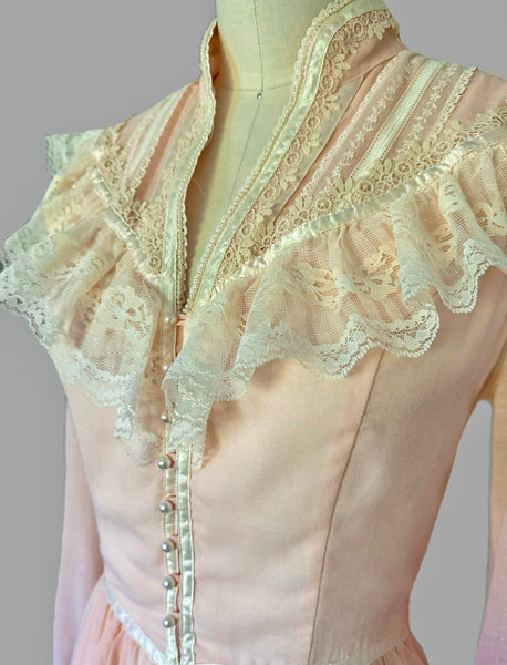 1970s Gunne Sax Romantic Renaissance Bridal Gown in Rosy Peach