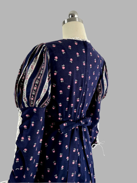 1970s Vintage Prairie Dress - Blush & Navy