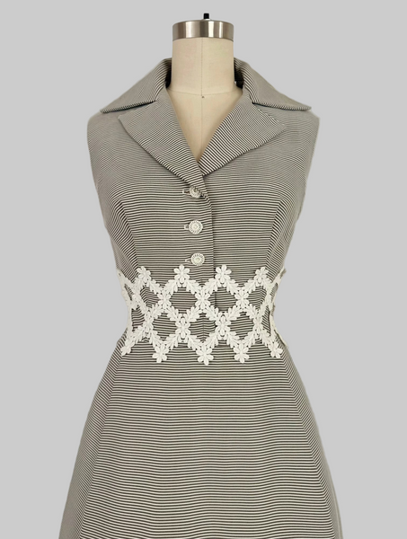 1960s Alfred Werber Open Back Stripe Maxi Dress With Guipure Lace Appliqué