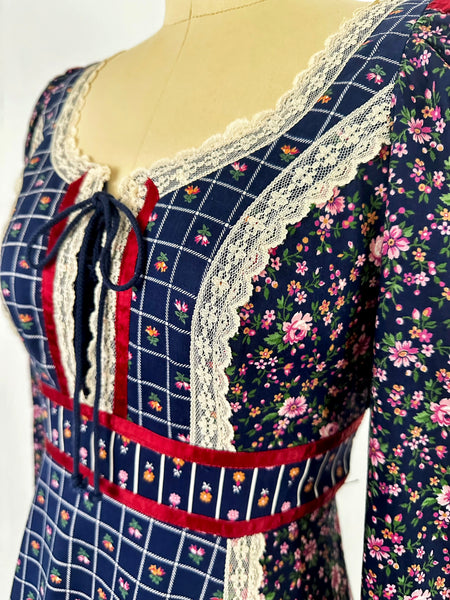 1970s Gunne Sax Lace-Up Blue Calico Maxi Dress