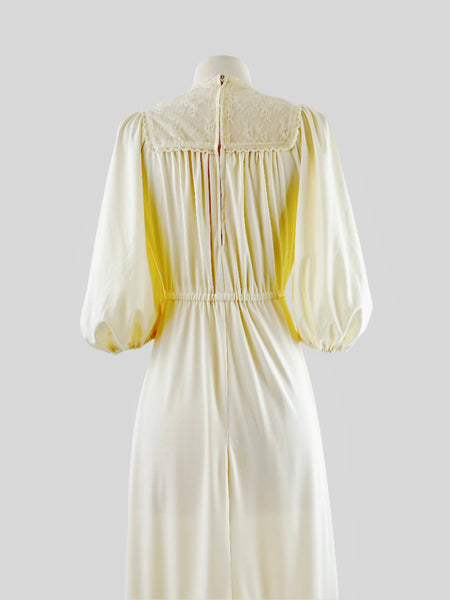 1970s Lace Yoke Tiered Maxi Dress