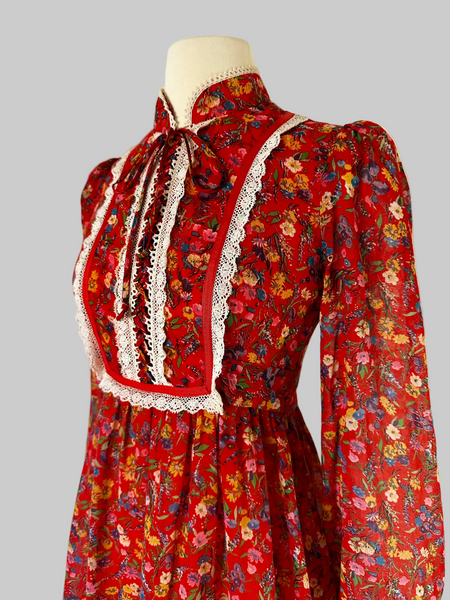 Vintage 1970s red Floral Maxi Bohemian Prairie Dress with lace up bodice and lace trim detailing. 