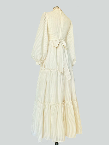 1970s Vintage Ivory Pinstripe Lace-Up Maxi Dress