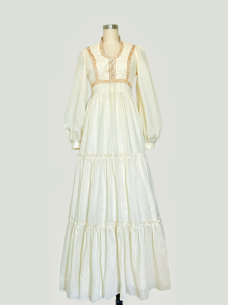 1970s Vintage Ivory Pinstripe Lace-Up Maxi Dress