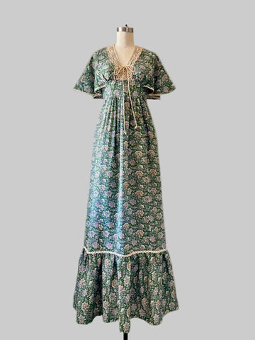 Vintage 1970s Bohemian Green floral maxi dress