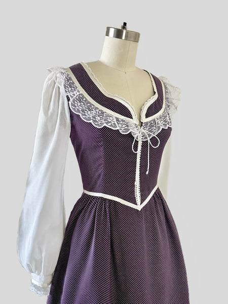 1970s Gunne Sax Polka Dot Lace-Up Prairie Dress