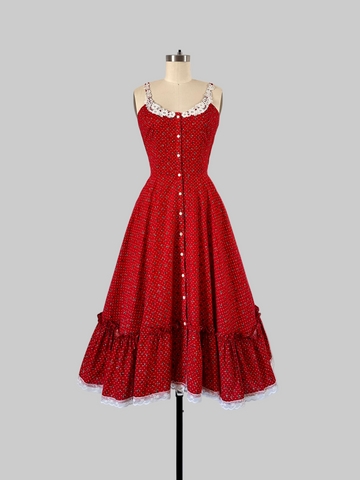 1970s Gunne Sax cherry red prairie dress with lace trim, button front, and full skirt.
