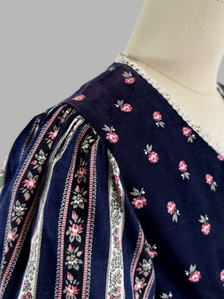 1970s Vintage Prairie Dress - Blush & Navy