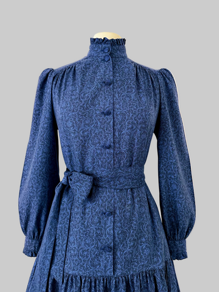 Vintage 80s Laura Ashley blue paisley cotton dress with ruffled neck and puff sleeves