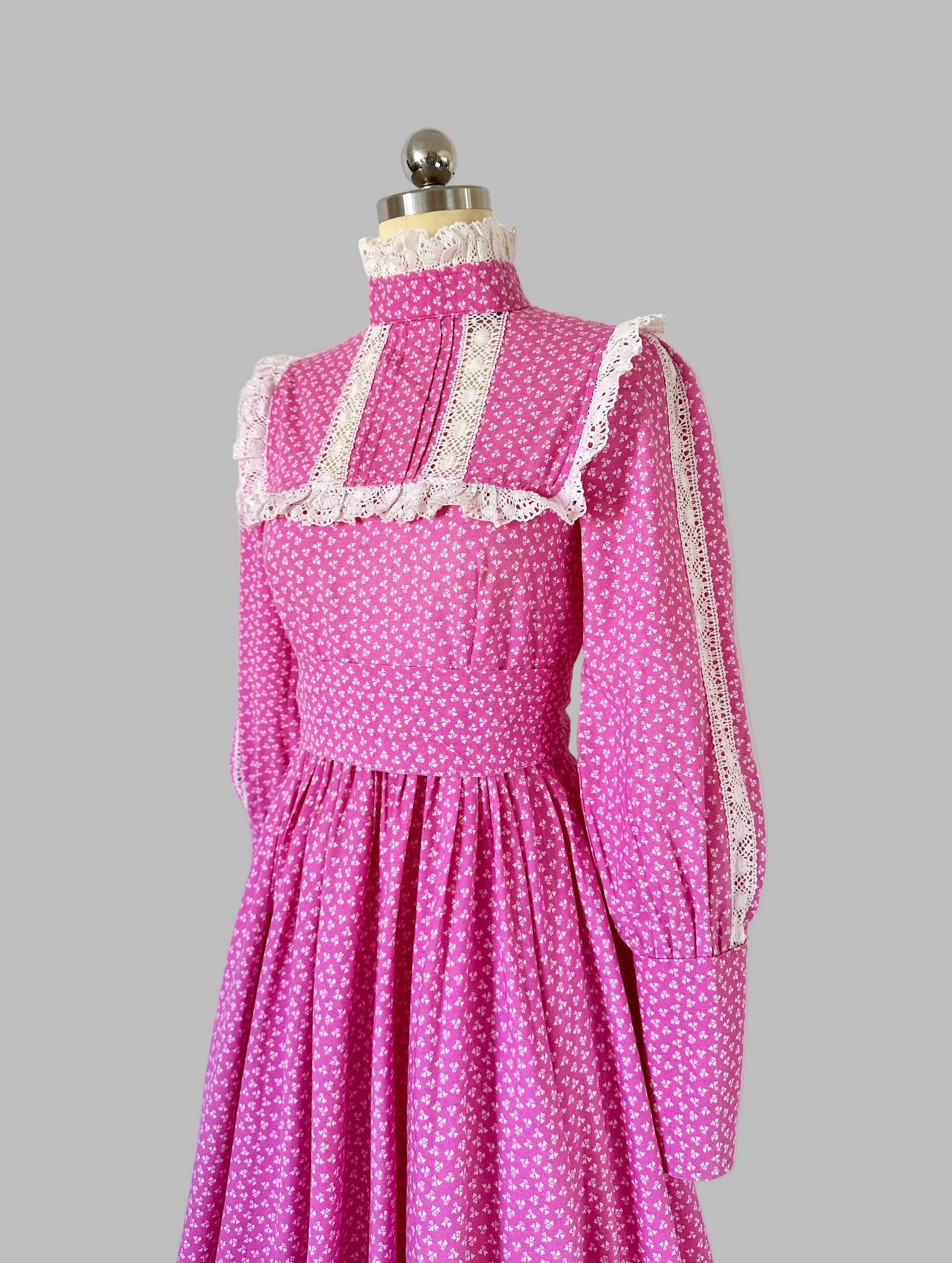 Rare 1970s Laura Ashley Pink Floral Cotton Priarie Dress - Made in