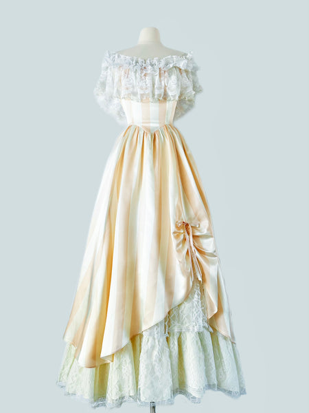 1980s Gunne Sax Off Shoulder Candy Stripe Satin Gown