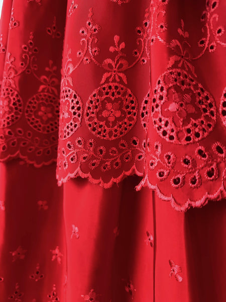1970s Lanz Red Eyelet Embroidered Sundress with Scalloped Edges