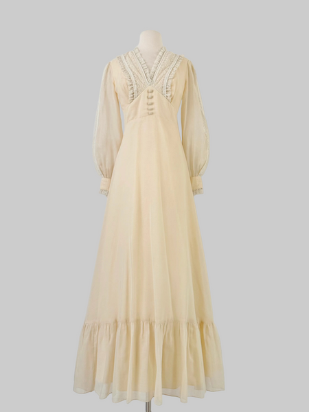 VINTAGE 1970s ivory lace trimmed cotton blend voile maxi dress wedding gown.