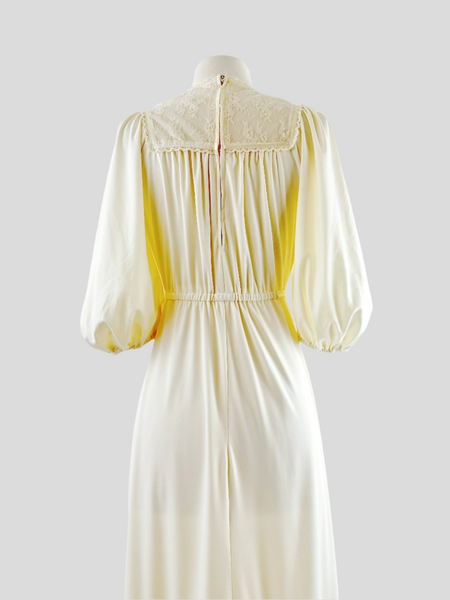 1970s Romantic Lace Trimmed Gown in Candlelight Ivory