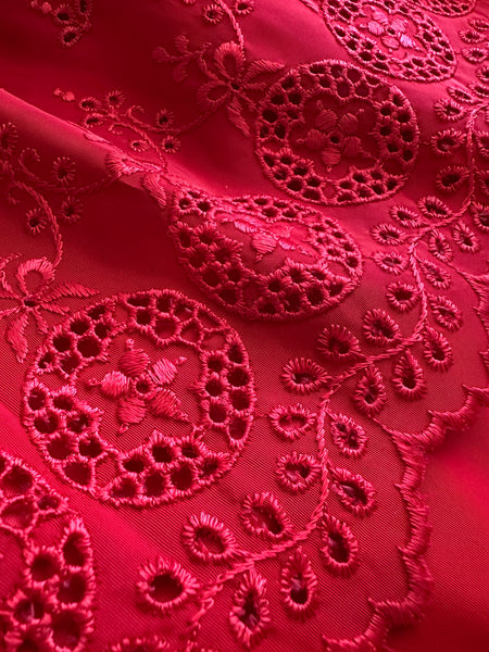 1970s Lanz Red Eyelet Embroidered Sundress with Scalloped Edges