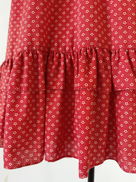 1970s Candi Jones Crimson Calico Prairie Dress