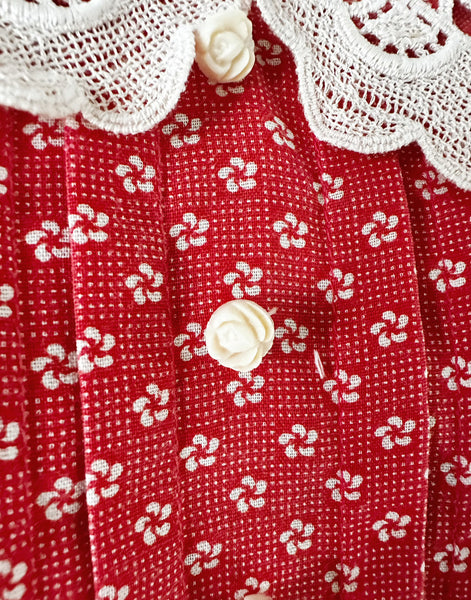 1970s Candi Jones Crimson Calico Prairie Dress