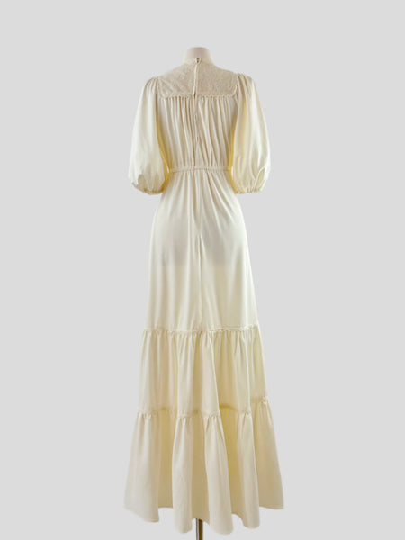 1970s Lace Yoke Tiered Maxi Dress