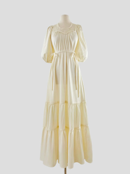 1970s Lace Yoke Tiered Maxi Dress