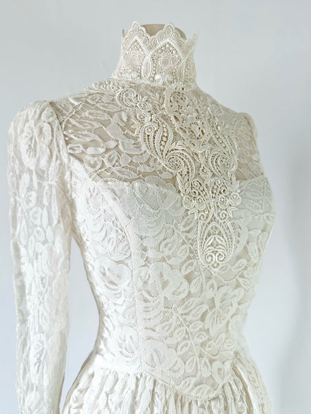 1980s Jessica McClintock Bridal Lace Victorian High Collar Midi Dress