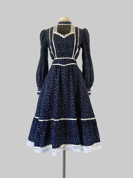Vintage 1970s Gunne Sax navy blue floral cotton midi dress 