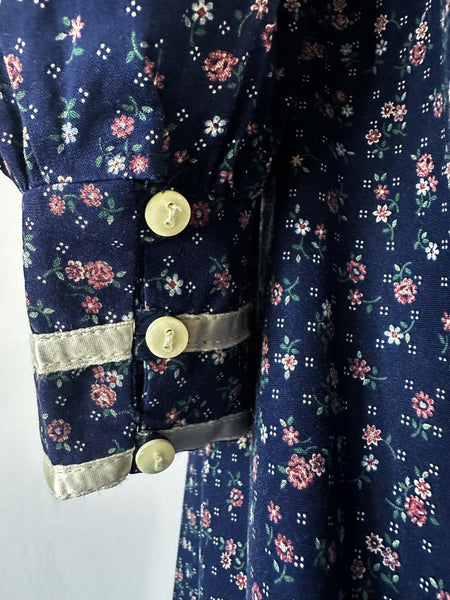 Vintage 1970s Gunne Sax navy blue floral cotton midi dress 