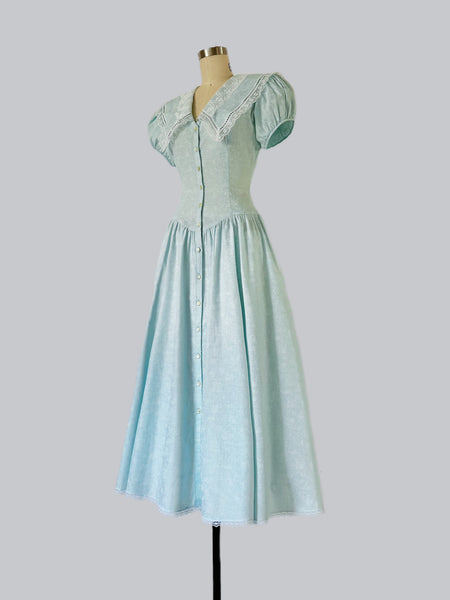 1980s Gunne Sax Ice Blue Floral Sailor Collar Dress