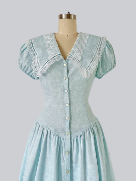 1980s Gunne Sax Ice Blue Floral Sailor Collar Dress