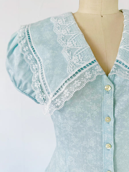 1980s Gunne Sax Ice Blue Floral Sailor Collar Dress