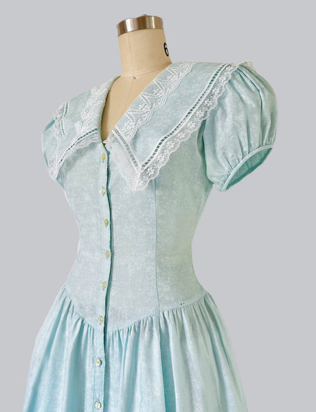 1980s Gunne Sax Ice Blue Floral Sailor Collar Dress