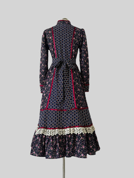 1970s Gunne Sax Blue Floral Cotton Midi Dress