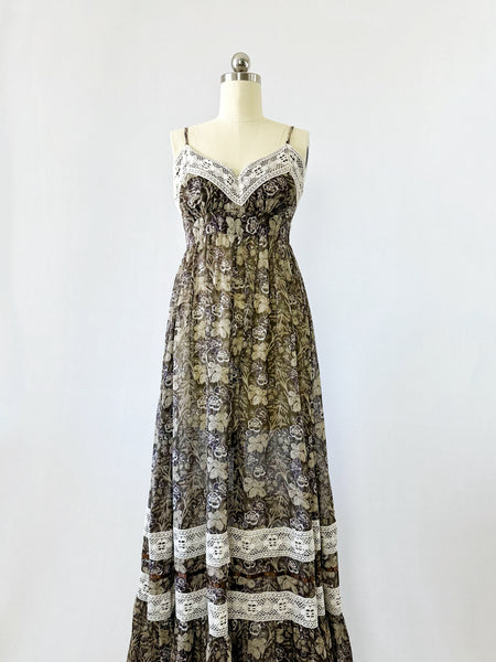 JONATHAN LOGAN Vintage lace-trimmed floral maxi dress, c. 1970