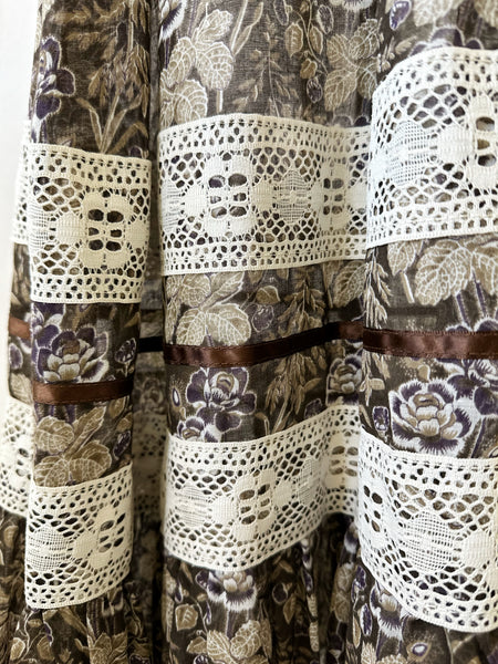 JONATHAN LOGAN Vintage lace-trimmed floral maxi dress, c. 1970