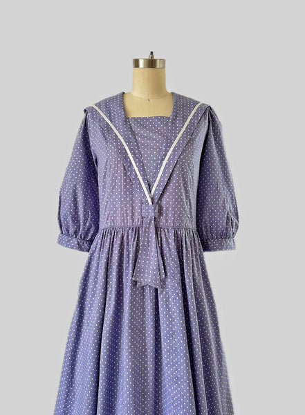1980s Vintage Laura Ashley Sailor Midi Dress: Blue Polka Dot Prairie Dress