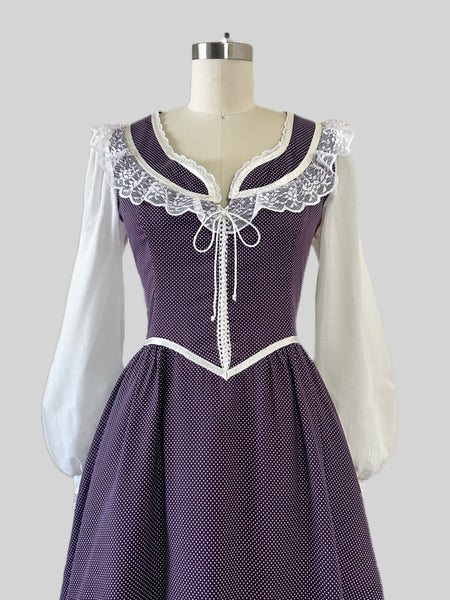 1970s Gunne Sax Polka Dot Lace-Up Prairie Dress