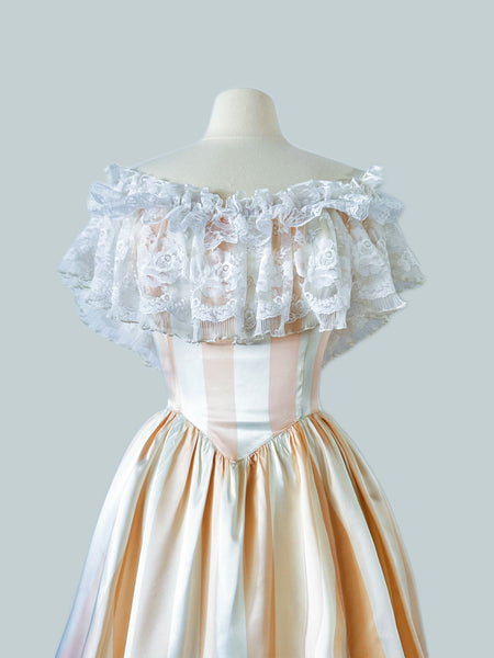 1980s Gunne Sax Off Shoulder Candy Stripe Satin Gown