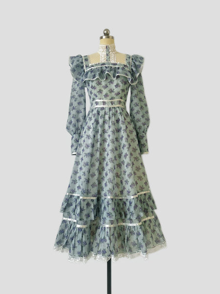 1970s Gunne Sax Blue & Lavender Rose Ruffled Prairie Midi Dress