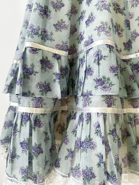 1970s Gunne Sax Blue & Lavender Rose Ruffled Prairie Midi Dress