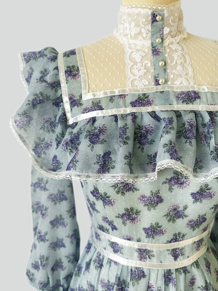 1970s Gunne Sax Blue & Lavender Rose Ruffled Prairie Midi Dress