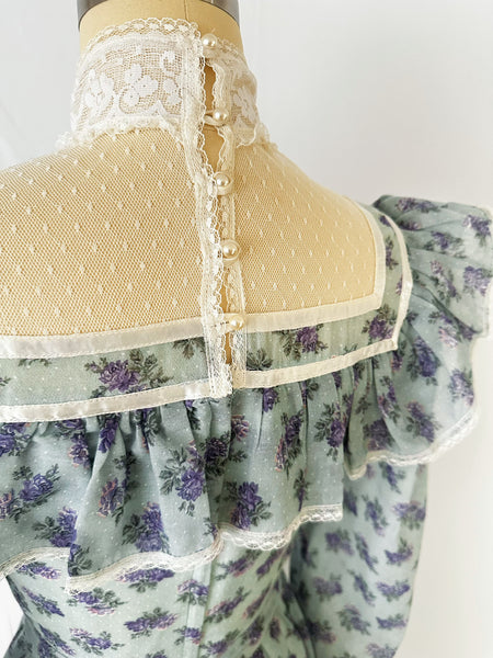 1970s Gunne Sax Blue & Lavender Rose Ruffled Prairie Midi Dress