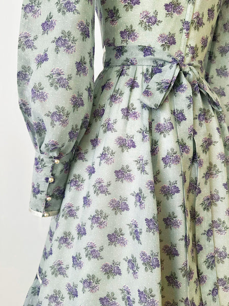 1970s Gunne Sax Blue & Lavender Rose Ruffled Prairie Midi Dress